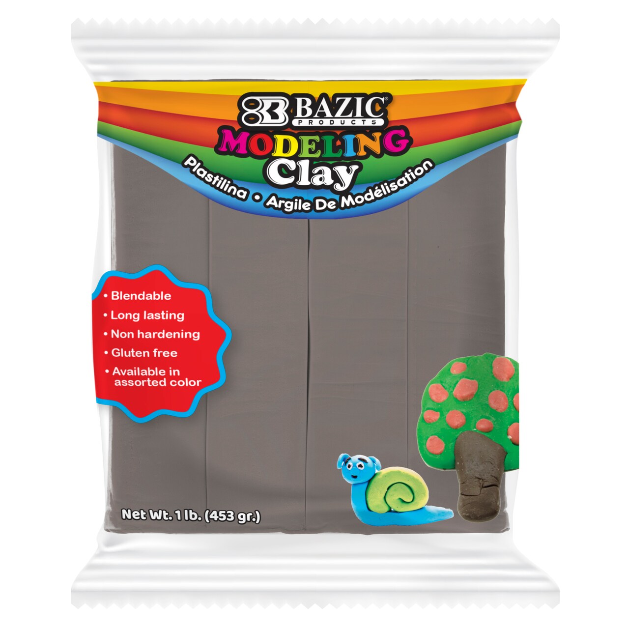 BAZIC Gray Modeling Clay, 1 lb, Non-Hardening, for Sculpting, Kids Crafts, Classroom Art Projects